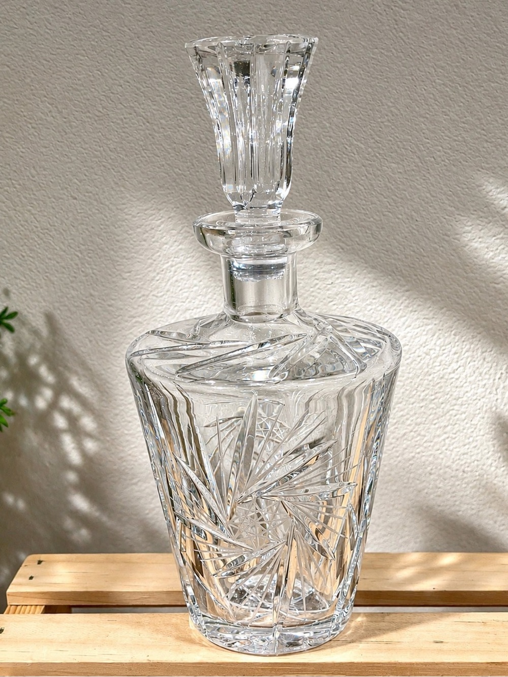 Vintage “Pinwheel” Heavy Etched Crystal Decanter w Stopper | Stopper Chipped